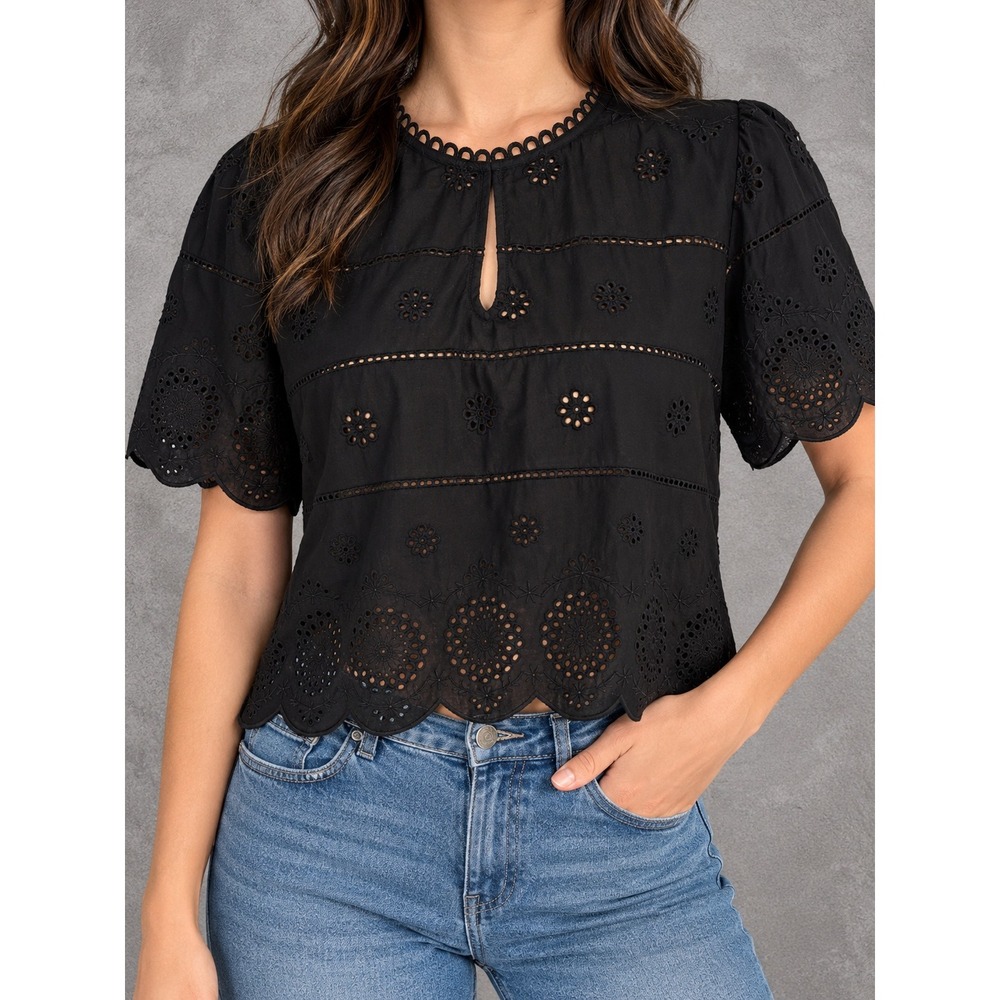 Caroline Constas Eyelet Blouse Womens XS Black Scalloped Crop Romantic Boho